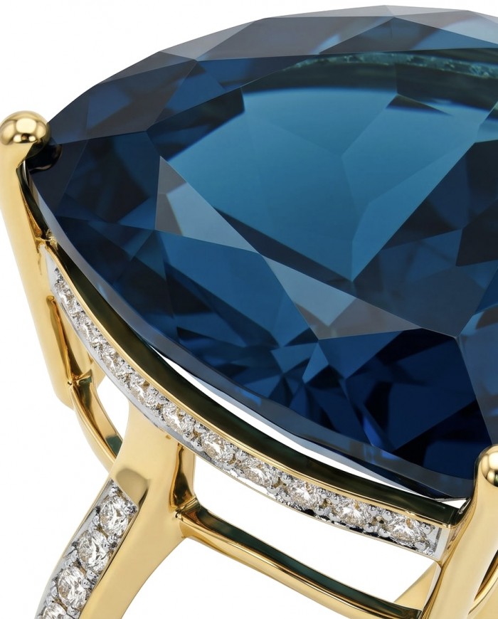 Atlantica rare trillion cut 10.9 carat authentic London Blue Topaz 22K Gold over .925 Sterling Silver Handcrafted Ring size 6 1/4 - Stone close-up of London Blue set in gold with diamond accents