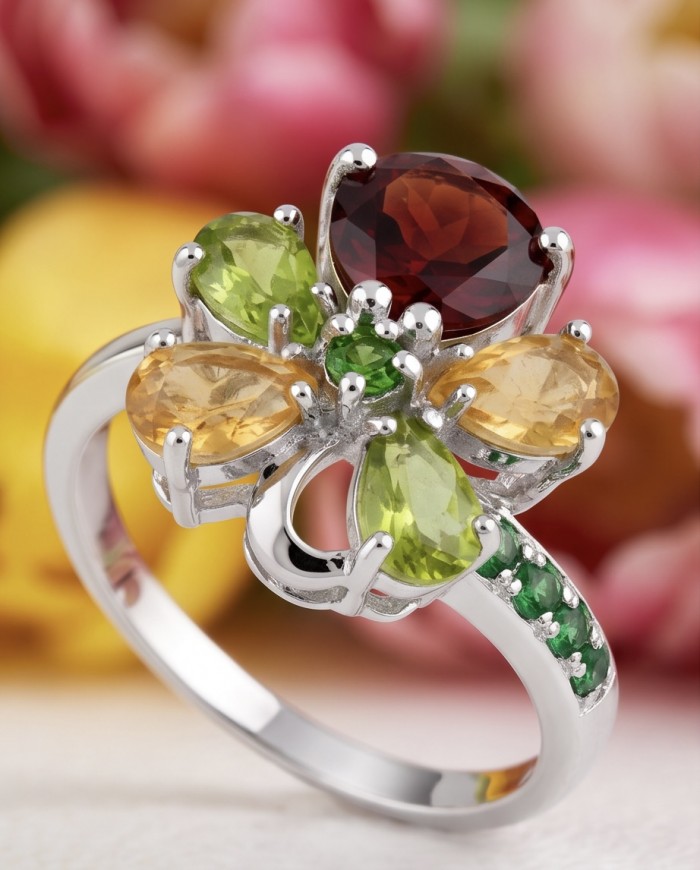 Red Heart 8.1 carat Multigem rhodium over .925 Sterling Silver Handcrafted Ring size 8 - Close-up of multigem ring with red, yellow, and green stones, silver band