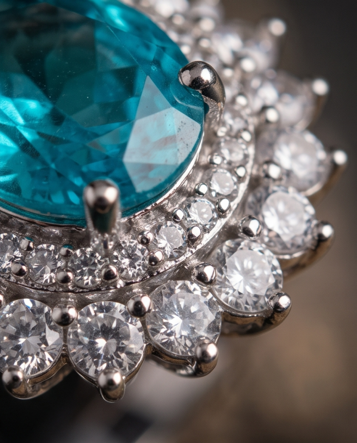 WONDERLAND 4.8 carat Paraiba Tourmaline .925 Sterling Silver Handcrafted Ring size 8 - Close-up of Paraiba Tourmaline and diamond ring detail