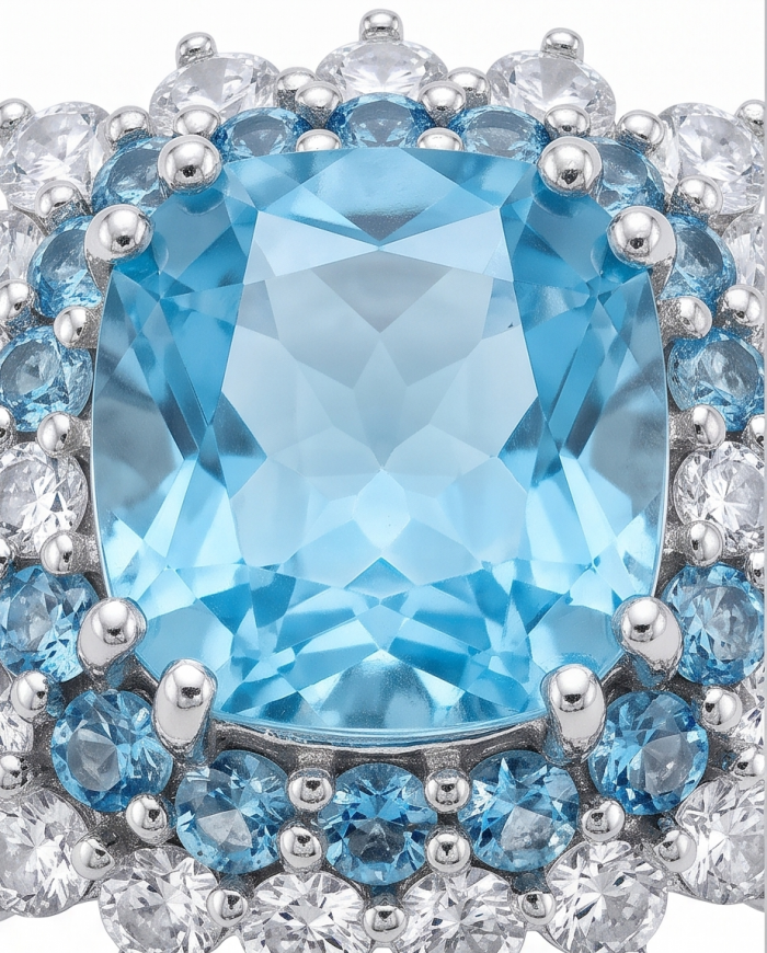 Aqua 8.5 carat Swiss Blue Topaz 22K Gold over .925 Sterling Silver dipped in rhodium handcrafted ring size 5 - Close-up of Aqua 8.5ct Swiss Blue Topaz in 22K Gold over .925 Sterling.