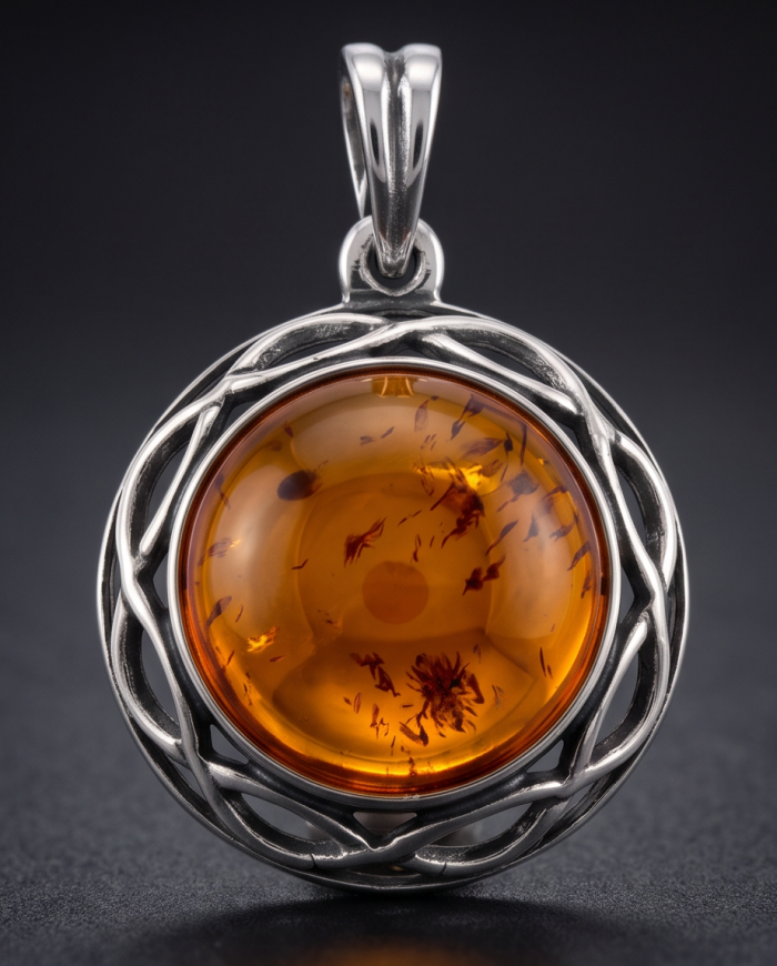 Prehistoric Authentic Baltic Amber .925 Sterling Silver beautifully handcrafted Pendant - Amber pendant with sterling silver setting, front view close-up.