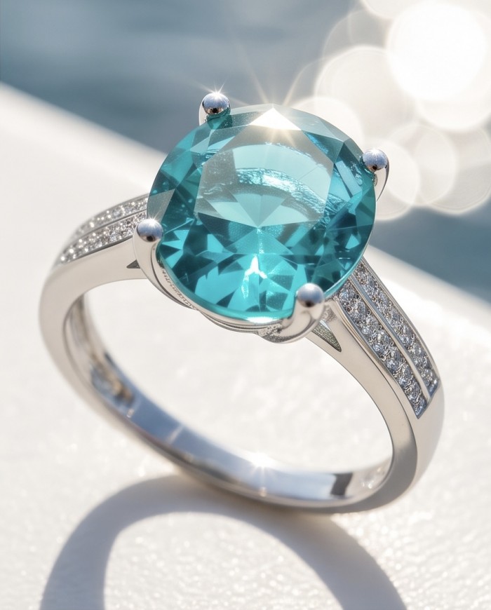 Wonderland 8.1 carat Paraiba Tourmaline .925 Sterling Silver Handcrafted Ring size 8 - Close-up of an 8.1 carat Paraiba Tourmaline ring in sterling silver.