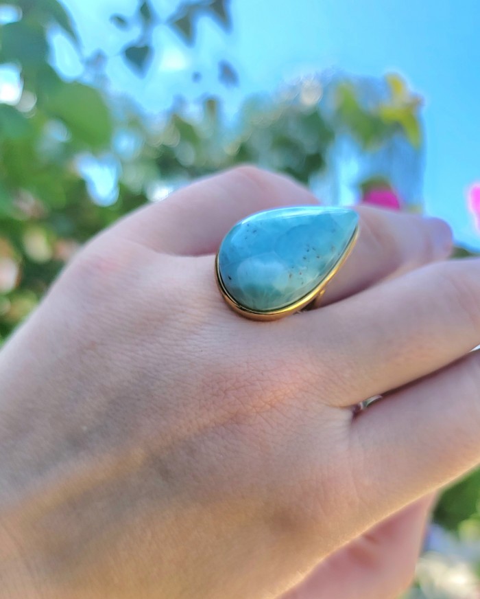 Blue Dream Blue Larimar 18K Gold over .925 Sterling Silver handmade Large Solid ring size 7 1/2 - photo 1