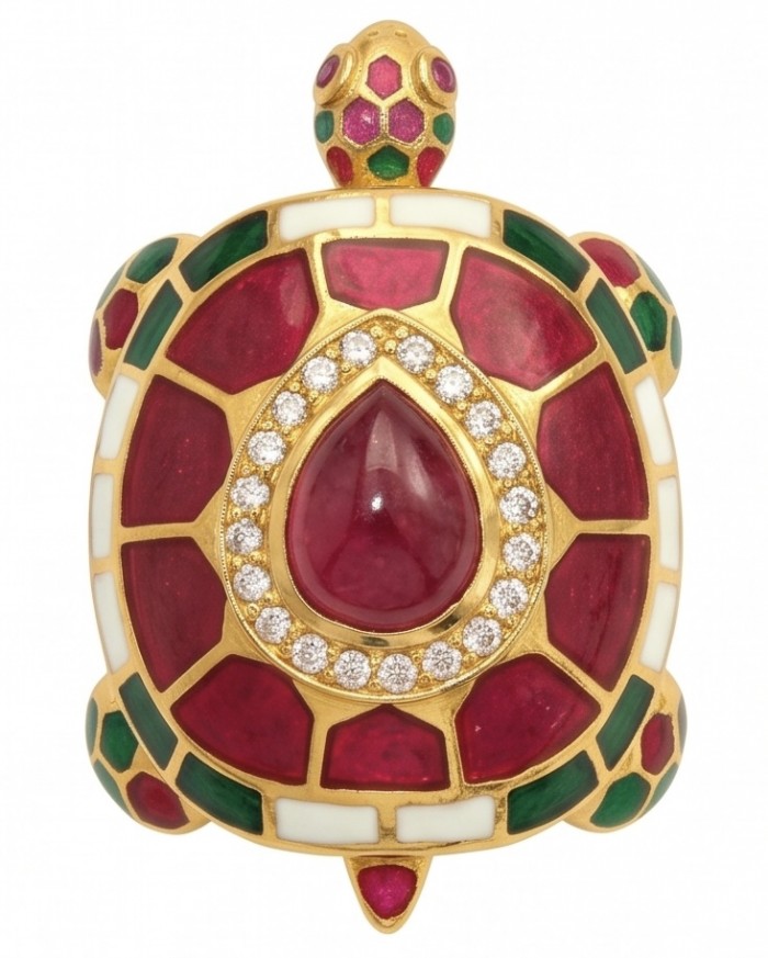 Good health and Long life Turtle Genuine 2.6 carat Ruby enamel .925 Sterling Silver dipped in 22K Gold handmade HUGE Ring size 6 - Turtle-shaped ring with ruby and diamond detail, top view.