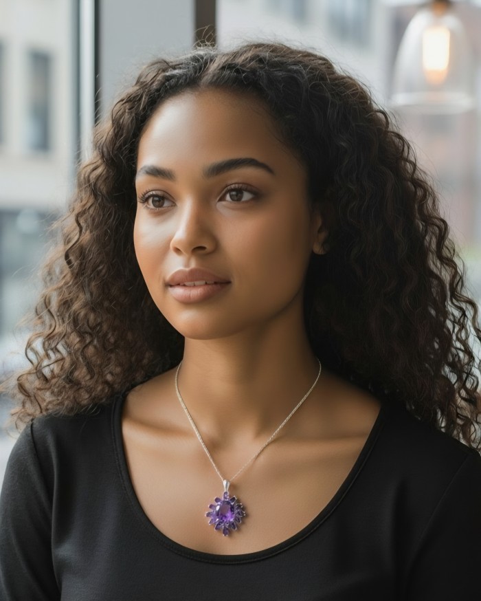 Authentic 12.5 carat Brazilian Amethyst rhodium over .925 Sterling Silver handcrafted Statement Pendant - Amethyst necklace worn on model, front view.