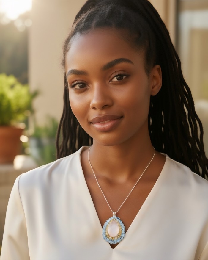 Scarlett 55.8 carat Brazilian Rose Quartz rhodium over .925 Sterling Silver handcrafted Statement Pendant - Woman wearing Scarlett Rose Quartz necklace, front view