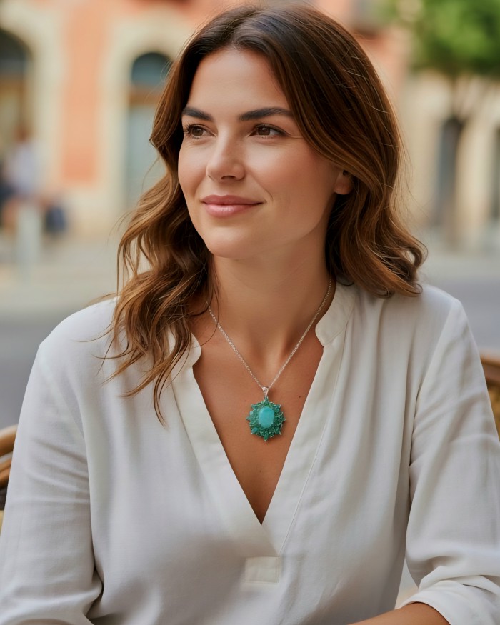Amazonia - 18.8 carat Colombian Emerald .925 Sterling Silver handmade Statement pendant - Woman wearing Amazonia emerald necklace in outdoor setting