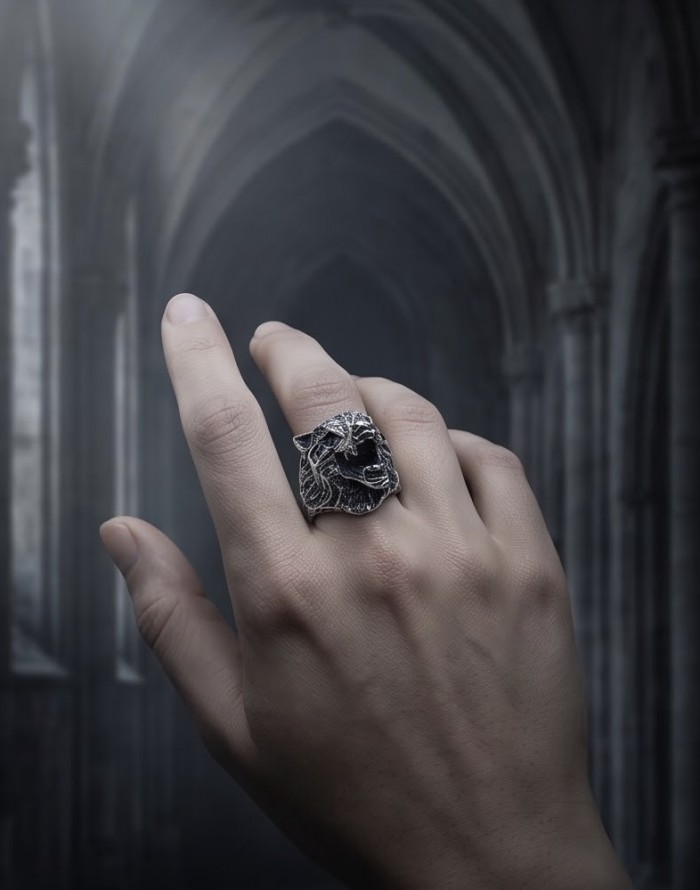 Wild Wolf .925 Sterling Silver Ring s. 8 1/4 - Sterling silver wolf ring worn on hand, gothic background.