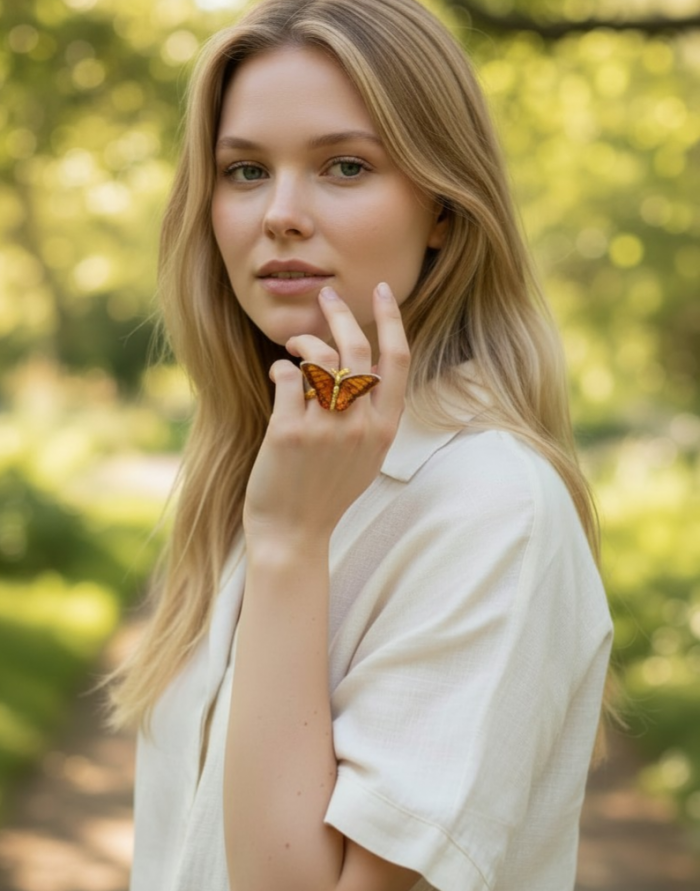 Butterfly Authentic carved Baltic Amber 18K Gold over .925 Sterling Silver handcrafted ring; s. 8 adjustable - Woman wearing butterfly amber ring, front view in nature setting.