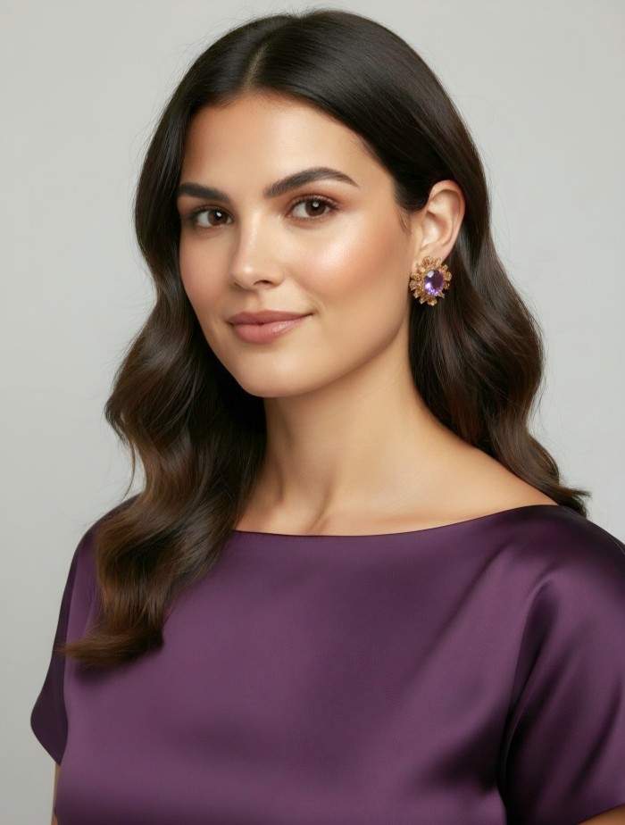 Cascades OF LIGHT Genuine 15.2 carat Fire Moonstone 18k Gold over .925 Silver handcrafted earrings - Woman wearing Cascades OF LIGHT earrings, side profile view