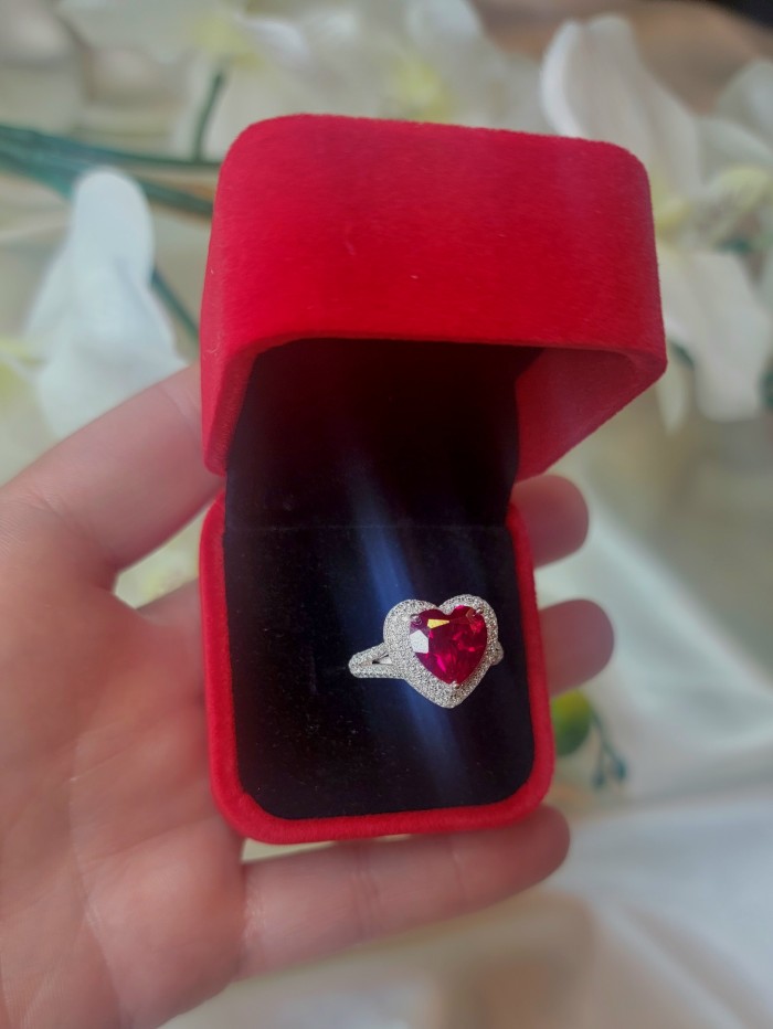 Gabriella HEARTcut 6.8 carat Ruby .925 Sterling Silver handcrafted Cocktail Ring s. 8 1/4 - Red heart-cut ruby ring in open red velvet box, front view