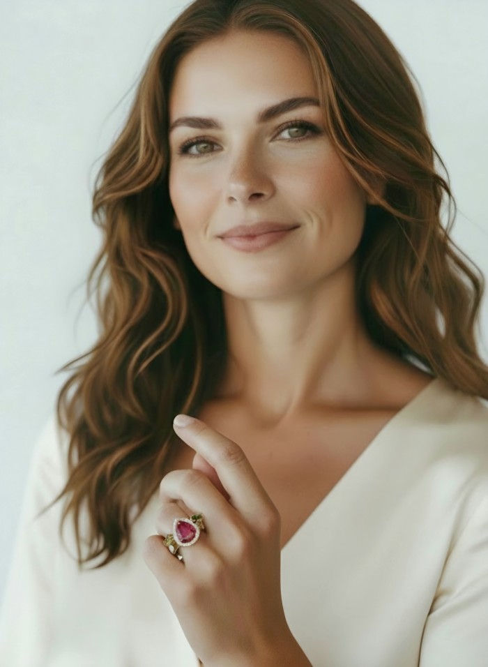 Bella Rosa Genuine 7.9 CARAT Kasmir Ruby 22K Rose Gold over .925 Sterling Silver Statement Ring size 7 1/4 - Model wearing Bella Rosa Ruby ring, close-up on hand and ring.