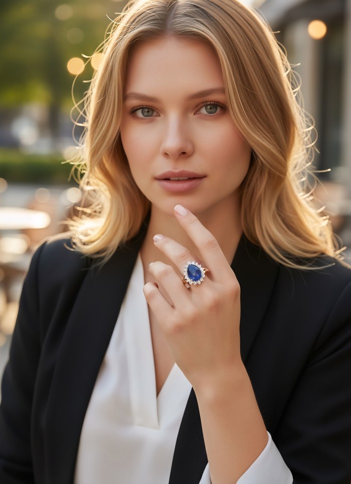 Precious Design pear cut 19.5 CARAT Tanzanite 22K Gold over .925 Sterling Silver Statement Ring s. 7 - Tanzanite ring worn on hand, showing 19.5 carat stone detail.