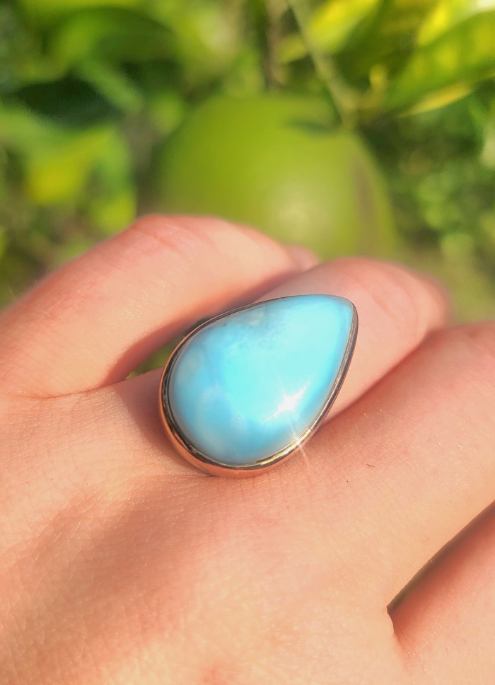 Blue Perfection AAAA QUALITY Blue Larimar 18K Gold over .925 Sterling Silver handmade Large ring size 8 adjustable - Worn on hand, blue larimar stone in gold setting, close-up view