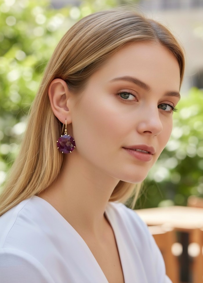 Giovanna Natural 22.2 carat Kasmir Ruby 18K Gold over .925 Sterling Silver handcrafted Statement earrings - Woman wearing 22.2 carat Kasmir Ruby earring, side view