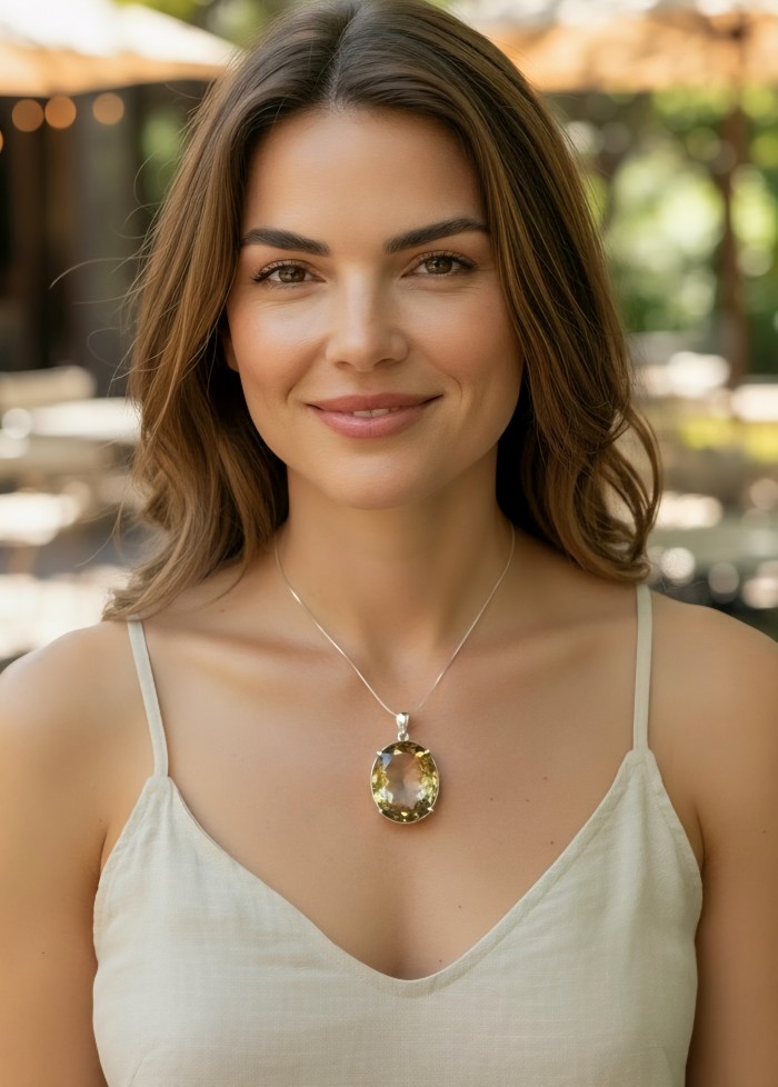 Luxury genuine 29.7 CARAT oval cut Champagne Topaz .925 Sterling Silver handmade Pendant - Woman wearing luxury oval cut Champagne Topaz pendant necklace.