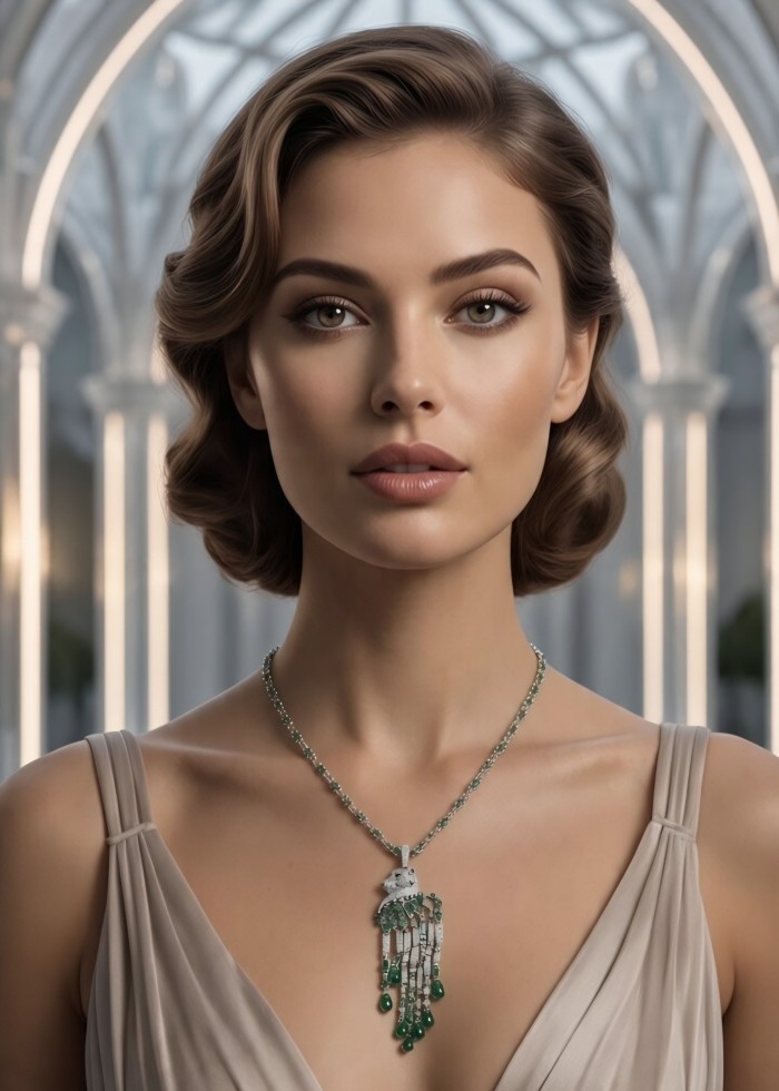 Cheetah 5.9 carat Emerald 3.5 carat Moissanite .925 Sterling Silver handcrafted Statement Necklace; 28 inches long - Close-up of emerald and moissanite cheetah necklace worn on neck