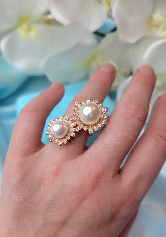 Floral design White Pearls White Sapphire 14K Gold over .925 Sterling Silver brilliantly handcrafted Statement ring s. 8 1/2 - photo 1